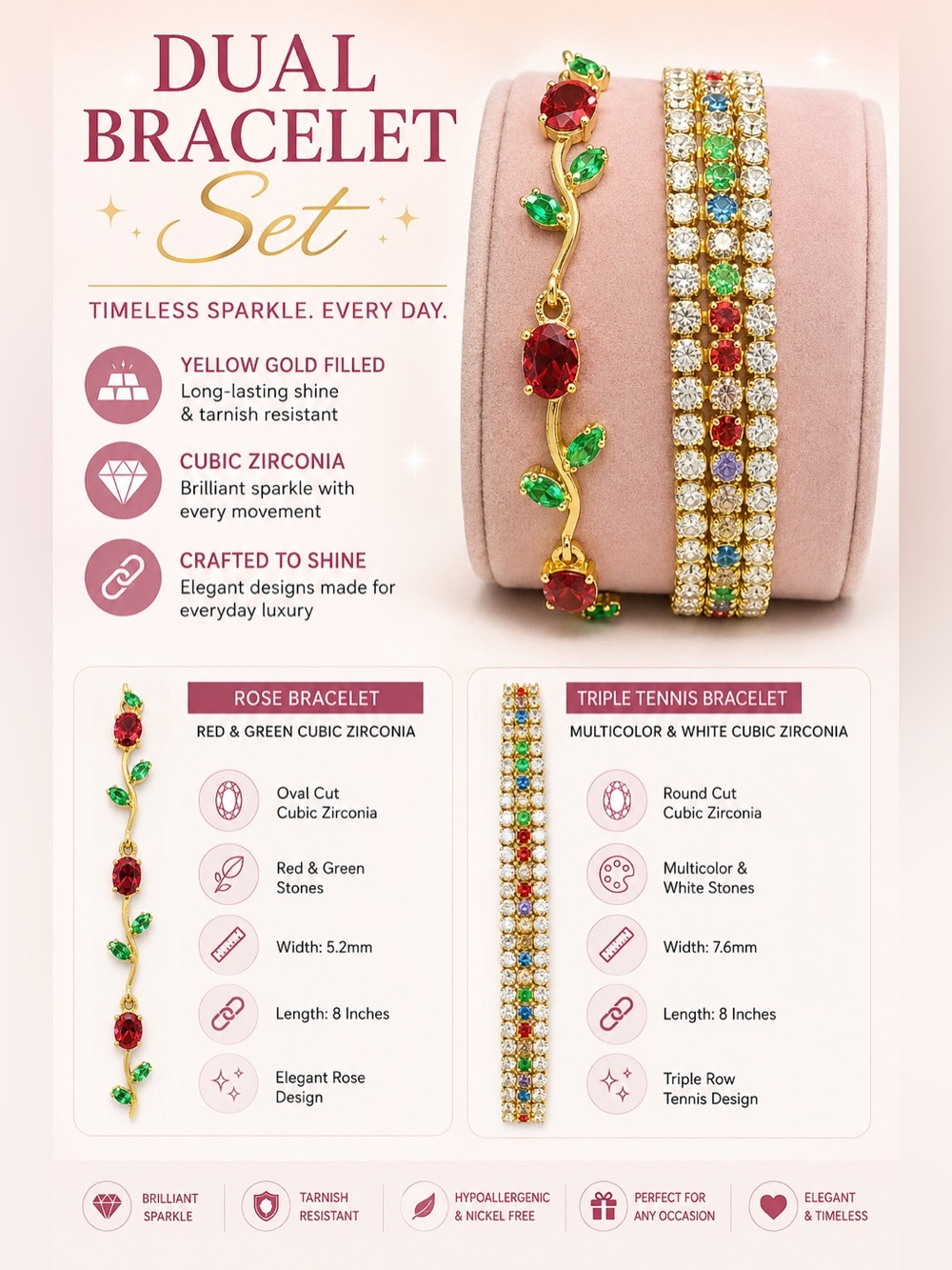 Pretty Bird Rose & Triple Tennis CZ Bracelets - Picture 3 of 7